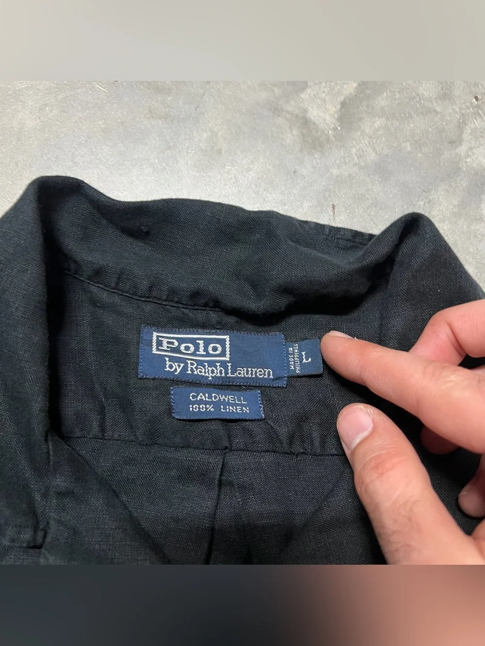 Vintage Polo Ralph Lauren Linen Caldwell Shirt Mens L Black Pocket Loop Collar